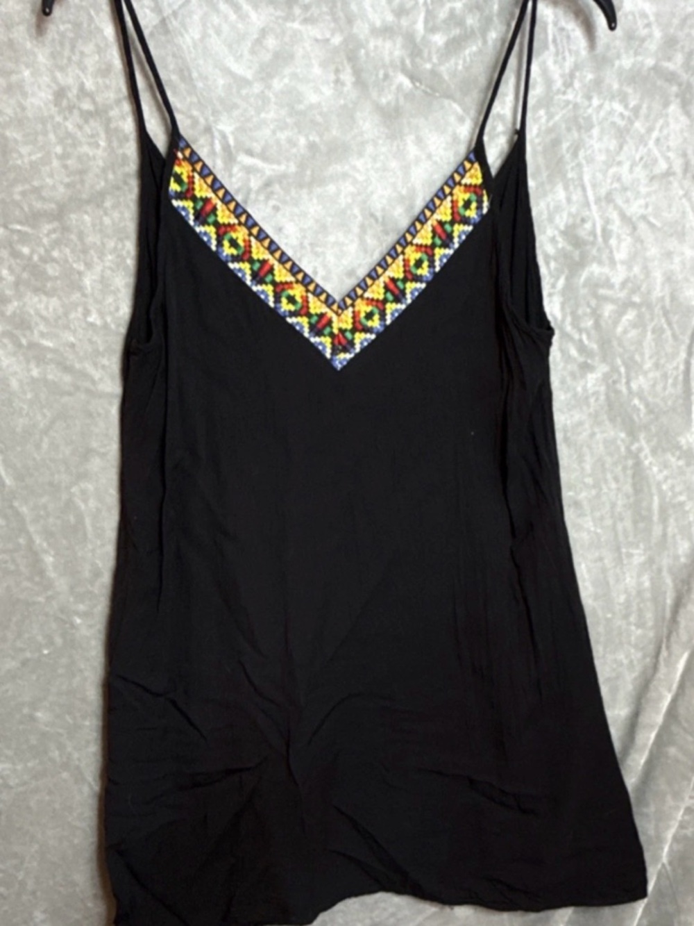 Black Embroidered Medium V-Neck Spaghetti Strap Dress or Cover Up